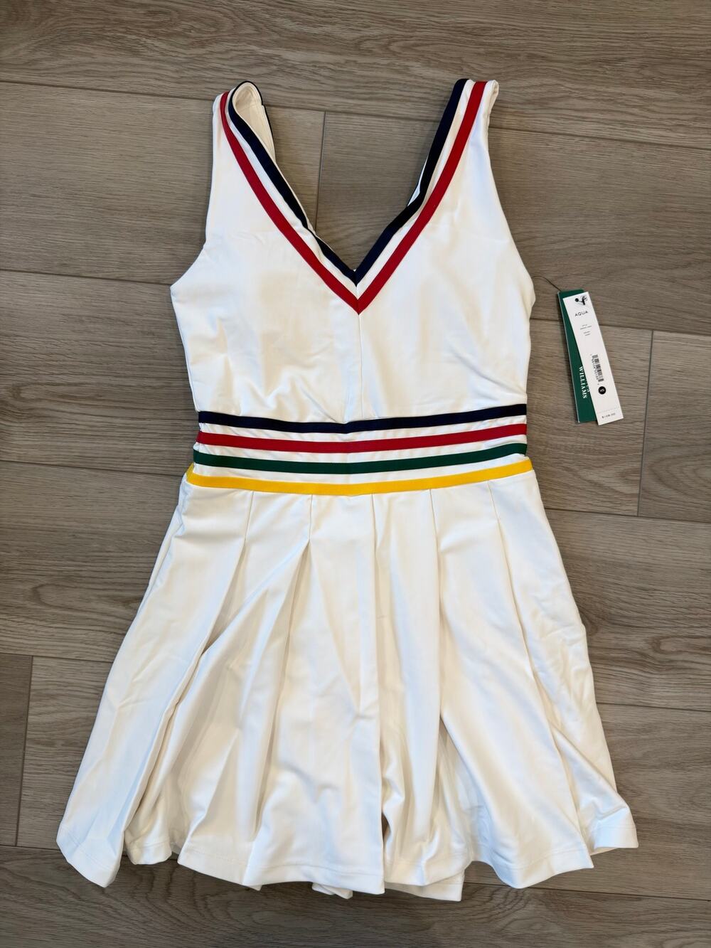 Aqua x Venus Williams Striped Pleated Active Tennis White Mini Dress XS NWT